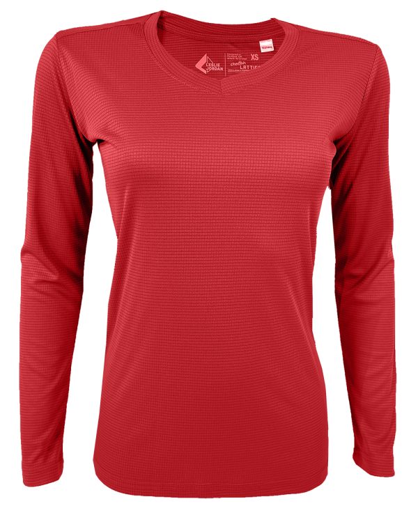 Women's Red Lattice V-Neck Long Sleeve T-Shirt